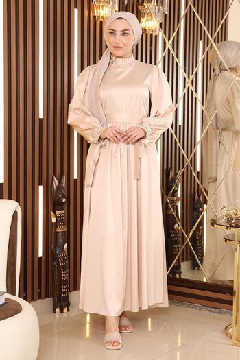 Modamihram Βραδινό φόρεμα Pearl Satin Beige 19121
