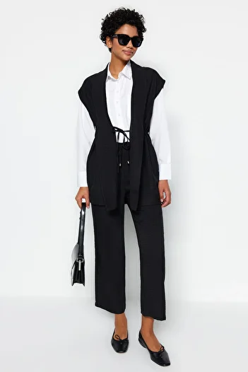 Trendyol Modest Linen Woven Look Black Kimono and Trousers Set - TCTSS23US00061
