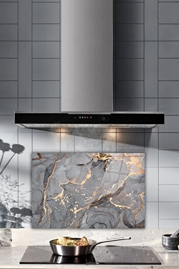 Decorita Cam Ocak Arkası Koruyucu | Gri Gold Mermer | 40cm X 60cm