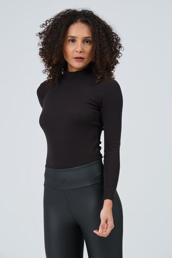 PUNKY CAT Women's Black Half Turtleneck Ribbed Full Length Knitted Blouse