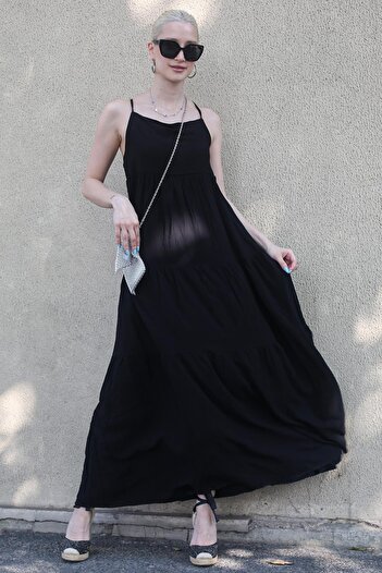 Madmext Black Backless Pleated Long Dress