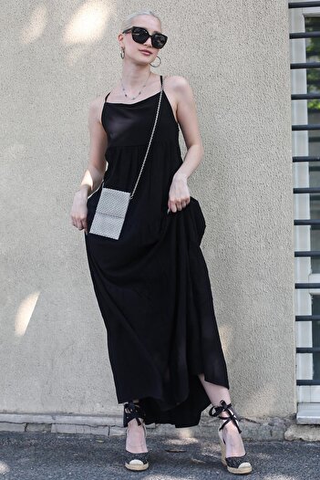 Madmext Black Backless Pleated Long Dress