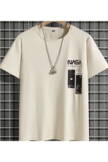 BYMEER Μπλουζάκι Unisex Beige Nasa Astronaut Printed Cotton Crew Neck Oversize