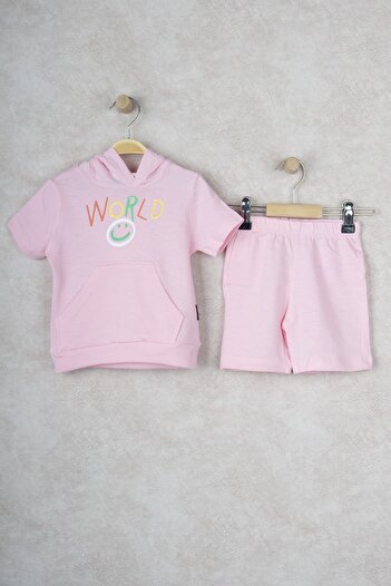 BUUFUU World Smiling Face Hooded Kids' Double Set with Kangaroo Pocket Shorts