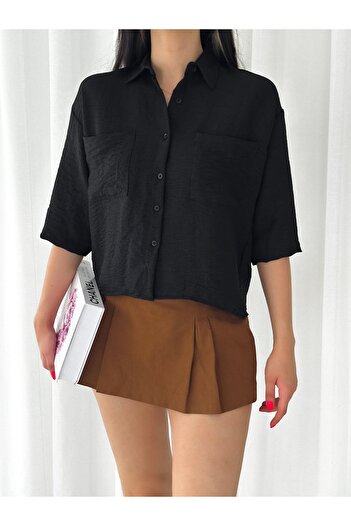 laughs Women's Double Pocket Three Quarter Half Sleeve Casual Cut Aerobin Fabric Short Crop Shirt Gm9911