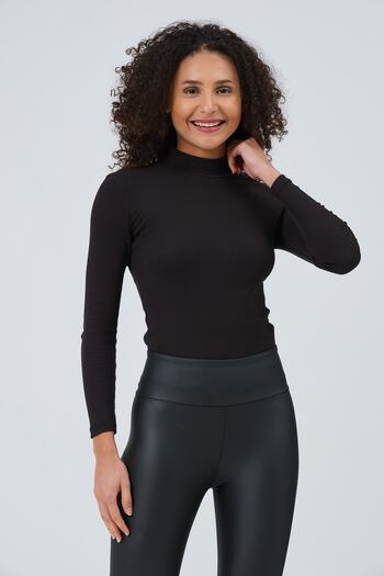 PUNKY CAT Women's Black Half Turtleneck Ribbed Full Length Knitted Blouse