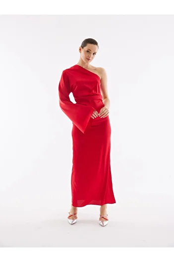 Juste Studio Satin One Shoulder Red Long Slit Dress