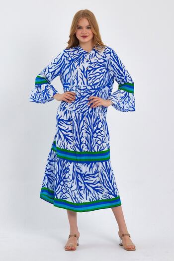 AYASOFYA OTANTIK Rochie de damă, albastru, alb, cu nasturi, cu mâneci spaniole, etnică autentică