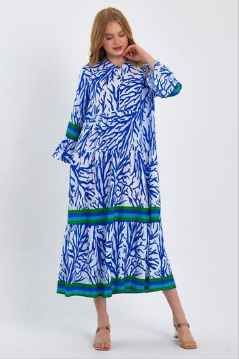AYASOFYA OTANTIK Rochie de damă, albastru, alb, cu nasturi, cu mâneci spaniole, etnică autentică