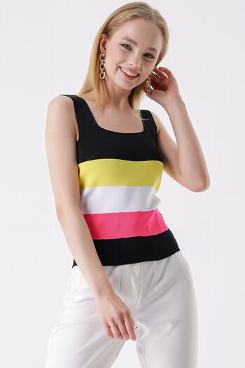 HAKKE Square Neck Colored Striped Blouse