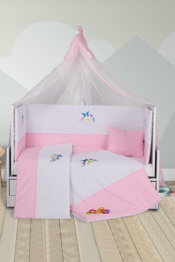FISTIK BEBE 60x120 Kelebek Desenli Cibinlikli 9 Parça Bebek Uyku Seti