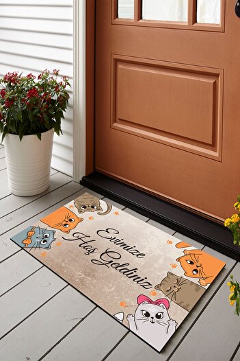 Vagonik Welcome to Our Home Digital Printed 50x70cm Decorative Multi-Purpose Indoor and Outdoor Door Mat with Cat