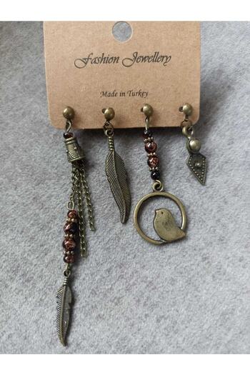 AKIN AKSESUAR HEDİYELİK Set of 4 Authentic Earrings with Beaded Leaf and Bird Figures