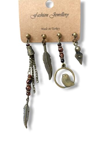 AKIN AKSESUAR HEDİYELİK Set of 4 Authentic Earrings with Beaded Leaf and Bird Figures