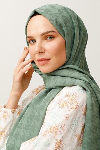Mooncorn Mildew Green Silky Jacquard Patterned Houndstooth Shawl