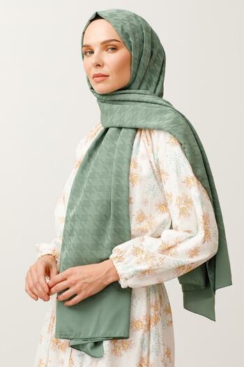 Mooncorn Mildew Green Silky Jacquard Patterned Houndstooth Shawl