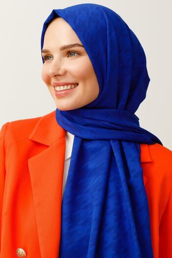 Mooncorn Saks Blue Houndstooth Pattern Silky Jacquard Shawl