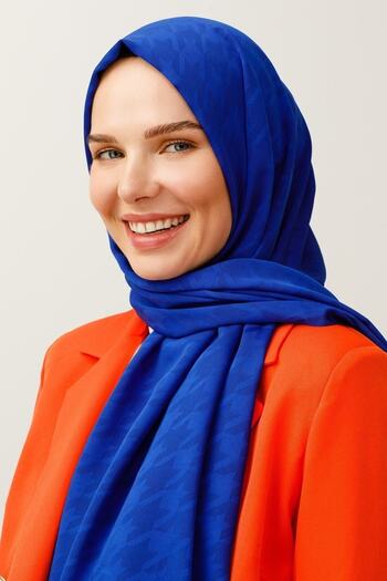 Mooncorn Saks Blue Houndstooth Pattern Silky Jacquard Shawl