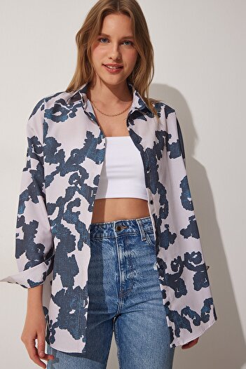 Happiness İstanbul Dámská oversize popelínová košile tmavě modré barvy s kamenným vzorem DD01227