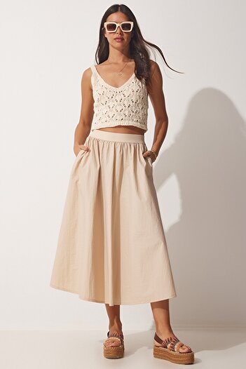 Happiness İstanbul Women's Cream Balloon Parachute Midi Skirt UL00008
