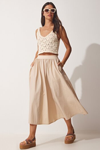 Happiness İstanbul Women's Cream Balloon Parachute Midi Skirt UL00008