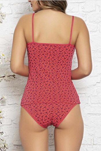 PIJAMASSTORE Red Floral Patterned Top Lace Rope Strap Underwear Set