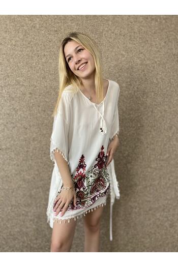 Bohemian Women's White Beach Dress with Belted Waistband