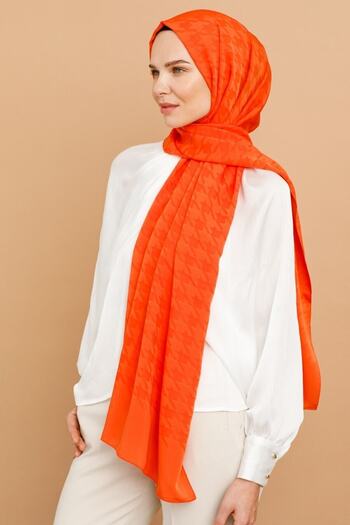 Mooncorn Orange Silky Jacquard Shawl - Houndstooth Pattern