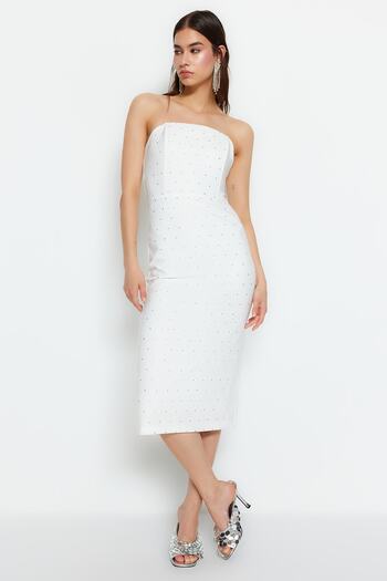 Trendyol Collection Ecru Woven Evening Dress with Shiny Stone Detail - Lined and Body Shaping TPRSS23EL00476