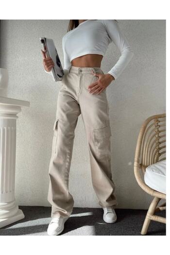 LAMİRA Stone Cargo Pocket Palazzo Wide Leg