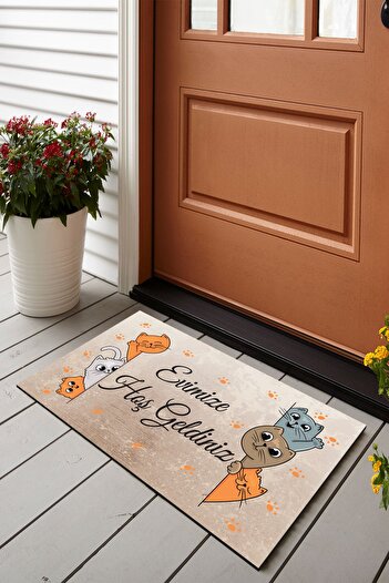 Vagonik Welcome to Our Home Digital Printed 50x70cm Decorative Multi-Purpose Indoor and Outdoor Door Mat with Cat