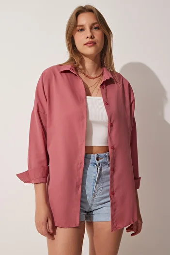 Happiness İstanbul Női sötét rózsa szárított Oversize hosszú alap ing DD00842
