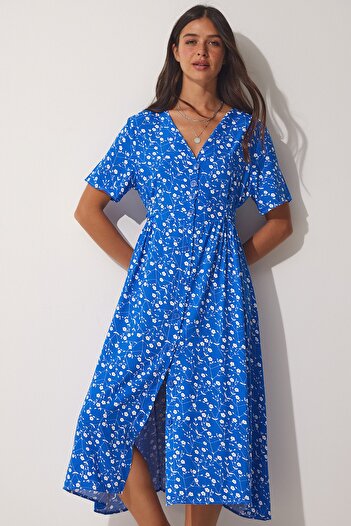 Happiness İstanbul Rochie de vară din viscoză albastră, cu flori, cu nasturi, CI00083