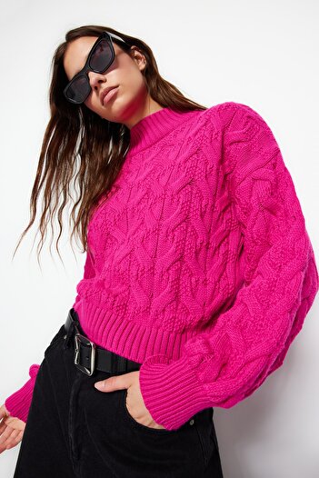 Trendyol Collection Pulover de tricotaj cu guler crop fucsia TWOAW22KZ1634