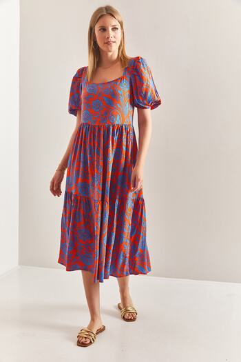 Bianco Lucci Women's Square Collar Watermelon Sleeve Terikoton Dress