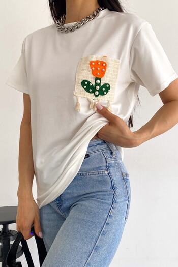 FEMELLE Women's Ecru Crew Neck Pocket Tassel and Bead Detailed Cotton T-Shirt