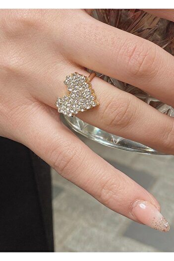 takıtarzım Heart Zircon Stone Gold Women's Adjustable Ring