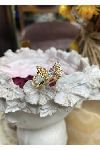 takıtarzım Butterfly Colored Stone Gold Women's Adjustable Ring