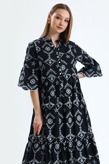 MD trend Women's Black Magnetic Collar Buttoned Lined Short Flounce Sleeve Wide Cut Embroidery Dress