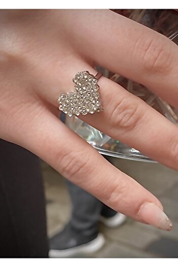 takıtarzım Silver Women's Adjustable Ring with Heart Zircon Stone