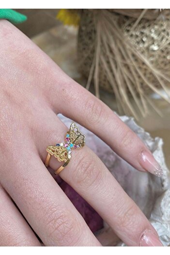 takıtarzım Butterfly Colored Stone Gold Women's Adjustable Ring