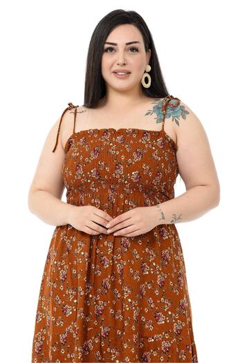 DISENTIS MODEST Large Size Rope Strap Brown Long Dress with Frill on the Chest and Elastic