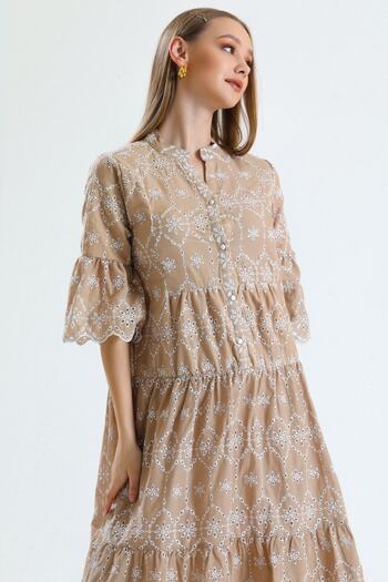 MD trend Women's Beige Collar Buttoned Lined Short Flounce Sleeve Wide Cut Brode Dress
