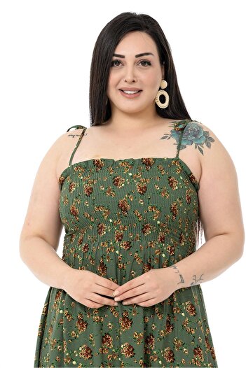 DISENTIS MODEST Large Size Rope Strap Long Green Dress with Frill on the Chest and Elastic