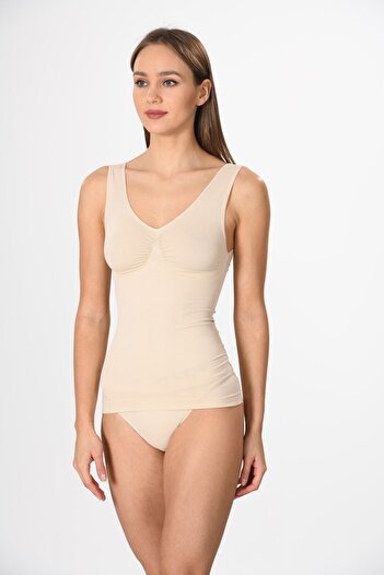 Miss Fit 16428 Kadın Siyah Dikişsiz V Yaka Toparlayıcı Fitilli Atlet Korse Örme Seamless
