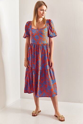 Bianco Lucci Women's Square Collar Watermelon Sleeve Terikoton Dress