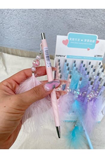 Planet Butik Glass Candy Figured Feathered Versatil Pen Pink