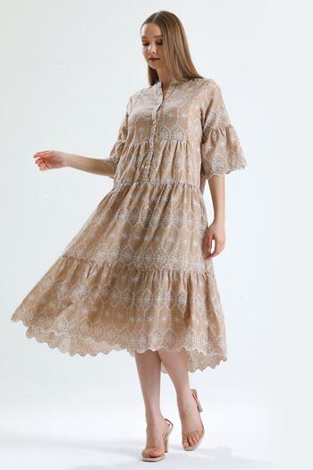 MD trend Women's Beige Collar Buttoned Lined Short Flounce Sleeve Wide Cut Brode Dress