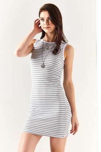 Olalook Γυναικείο Μίνι Φόρεμα Γκρι Ριγέ Lycra ELB-19001911