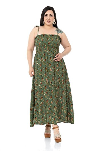 DISENTIS MODEST Large Size Rope Strap Long Green Dress with Frill on the Chest and Elastic
